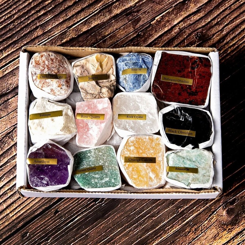 Rough Stone Gemstone Collection Box w/ Rock Names Kids Gift Beginner Crystal Set